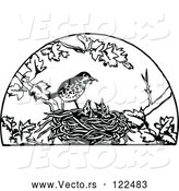 Vector of Retro Black and White Bird Feeding Its Chicks in a Nest by Prawny Vintage