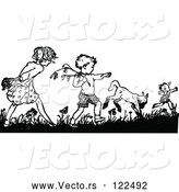 Vector of Retro Black and White Boy and Girl Picking Flowers by Prawny Vintage