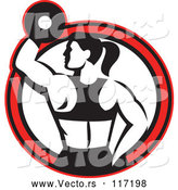 Vector of Retro Black and White Fit Lady Working out with a Dumbbell in a Red Circle by Patrimonio