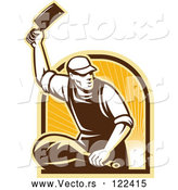 Vector of Retro Butcher Cutting a Ham over an Arch of Rays by Patrimonio
