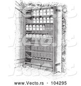 Vector of Retro Cupboard Shelves with Canned Goods in Black and White by Picsburg