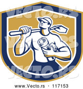 Vector of Retro Drainlayer Guy Carrying a Shovel and Pipe in a Shield by Patrimonio