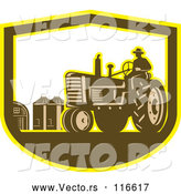 Vector of Retro Farmer Driving a Tractor on a Farm in a Shield by Patrimonio