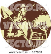 Vector of Retro Farmer Guy Holding a Shovel Against Farmland in a Brown and Yellow Circle by Patrimonio