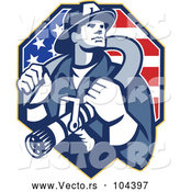 Vector of Retro Fire Fighter Guy Holding a Hose on His Shoulders over an American Flag by Patrimonio