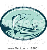 Vector of Retro Fly Fisherman Reeling in a Trout or Salmon Fish from a Boat in a Teal and Green Oval by Patrimonio
