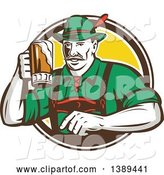 Vector of Retro German Guy Wearing Lederhosen and Raising a Beer Mug for a Toast, Emerging from a White Brown and Yellow Circle by Patrimonio