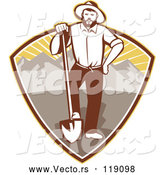 Vector of Retro Gold Miner Guy Standing with a Shovel in a Mountain and Sunshine Shield by Patrimonio