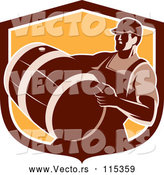 Vector of Retro Male Bartender Carrying a Keg in a Brown and Orange Shield by Patrimonio