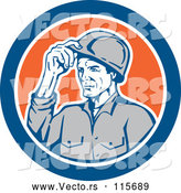 Vector of Retro Male Builder Tipping His Hardhat in a Blue and Orange Circle by Patrimonio