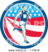 Vector of Retro Male Marathon Runner over an American Stars and Stripes Circle by Patrimonio