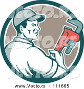 Vector of Retro Male Plumber Holding a Monkey Wrench and Looking to the Side in a Teal White and Tan Circle by Patrimonio