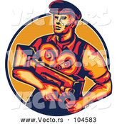 Vector of Retro Movie Director Camera Guy in a Lined Circle by Patrimonio