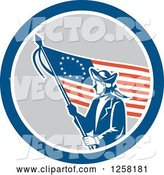 Vector of Retro Revolutionary Soldier with an American Betsy Ross Flag in a Blue White and Gray Circle by Patrimonio