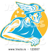 Vector of Retro Roman God Mercury or Greek God Hermes with a Winged Hat over an Orange Circle by Patrimonio