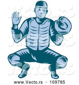Vector of Retro Woodcut Blue Baseball Catcher in a Squat Position by Patrimonio