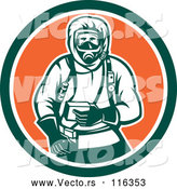 Vector of Retro Woodcut Hazchem Worker in a Circle by Patrimonio