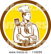 Vector of Retro Woodcut Male Chef with a Spatula in a Brown and Yellow Circle by Patrimonio
