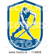 Vector of Retro Woodcut Male Field Hokey Player in a Blue White and Yellow Shield by Patrimonio