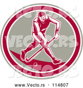 Vector of Retro Woodcut Male Field Hokey Player in a Taupe White and Pink Oval by Patrimonio