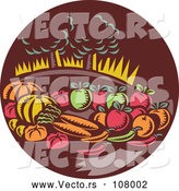 Vector of Retro Woodcut Still Life of Harvest Vegetables and Fruit with Trees in a Brown Circle by Patrimonio
