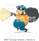 Vector of Robber Running with Flashlight and Stolen Property in Bag by BNP Design Studio