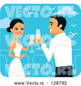 Vector of Romantic Bride and Groom Toasting with Champagne on Their Honeymoon by Monica