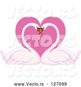 Vector of Romantic Swan Pair with Their Heads Together over a Pink Heart by Yayayoyo