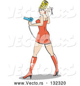 Vector of Sexy Blond Bombshell Beautician Lady Wearing a Tight Orange Dress and Tall Orange Boots and Holding a Pair of Scissors and Blow Dryer at a Salon by Andy Nortnik
