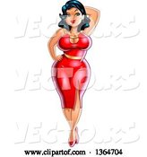 Vector of Sexy Curvatious Black Haired Pinup Lady Posing in a Red Dress by Clip Art Mascots