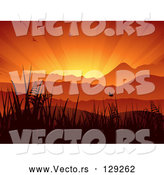 Vector of Silhouetted Birds and Butterflies Flying Above Grasses and Mountains Against a Bursting Orange Sunset Sky by Elaineitalia
