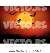 Vector of Silhouetted Halloween Witch Flying on a Broomstick Against an Orange Full Moon Sky with Vampire Bats over a Cemetery by KJ Pargeter