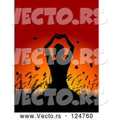 Vector of Silhouetted Yoga Lady with Plants and Butterflies Against a Sunset by KJ Pargeter