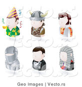 Vector of Six Avatars; Party Man, Viking, Elvis Presley, Knight, James Bond, and a Judge by AtStockIllustration