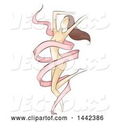 Vector of Sketched Nude Brunette White Lady Dancing with a Pink Ribbon by BNP Design Studio