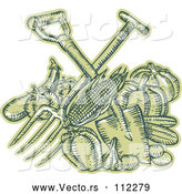Vector of Sketched or Engraved Crossed Spade and Pitchfork over Green Harvest Produce by Patrimonio
