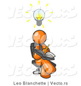 Vector of Smart Orange Guy Seated with His Legs Crossed, Brainstorming and Writing Ideas down in a Notebook, Lightbulb over His Head by Leo Blanchette