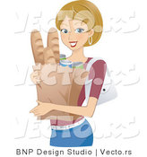 Vector of Smiling Young Woman Carrying a Grocery Bag with Bread by BNP Design Studio