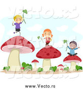 Vector of Stick Kids Playing with Leaves on Mushrooms by BNP Design Studio