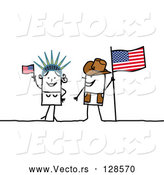 Vector of Stick People Character Couple Touring America, with a Flag and Statue of Liberty by NL Shop