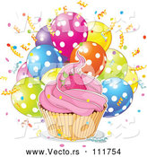 Vector of Strawberry Cupcake with a White Ouline over Confetti and Polka Dot Balloons by Pushkin