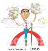 Vector of Stressed Cartoon Business Man Carrying Stacks of Papers While Walking on a Tightrope by AtStockIllustration