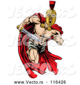 Vector of Strong Spartan Trojan Warrior Mascot Running with a Sword by AtStockIllustration