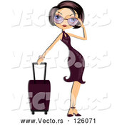 Vector of Stylish Woman Adjusting Her Shades and Standing by Her Rolling Suitcase by BNP Design Studio