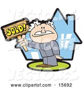 Vector of Successful Male Realtor Standing in Front of a House and Holding a Sold Sign by Andy Nortnik