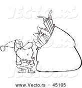Vector of Surprised Santa Looking at Supersized Bag of Presents to Deliver - Outlined Version by Toonaday