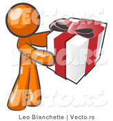 Vector of Thoughtful Orange Guy Holding a Christmas, Birthday, Valentine's Day or Anniversary Gift Wrapped in White Paper with Red Ribbon and a Bow by Leo Blanchette