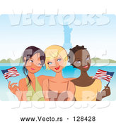 Vector of Three Young Diverse Girlfriends Waving American Flags near the Statue of Liberty by Monica