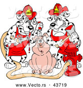 Vector of Two Hungry Cartoon Fire Fighter Dalmatian Dogs Pouring Hot BBQ Sauce over a Worried Pig by LaffToon