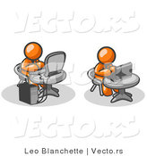 Vector of Two Orange Guys, Employees, Working on Computers in an Office, One Using a Desktop, the Other Using a Laptop by Leo Blanchette